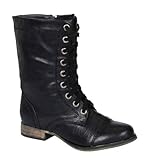 Breckelle Georgia Vegan Leather Lace Up Round Toe Womens Motorcycle Boots