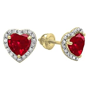 Dazzlingrock Collection 18K Each 6 MM Heart Ruby & Round Diamond Ladies Halo Stud Earrings, Yellow Gold