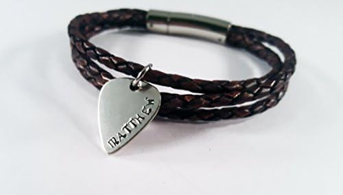 Personalized Bracelet, Mini Guitar Pick, Braided Leather Bracelet, Engraved, Custom Made, Gift for Boyfriend, Gift for Husband, Men's, Boys