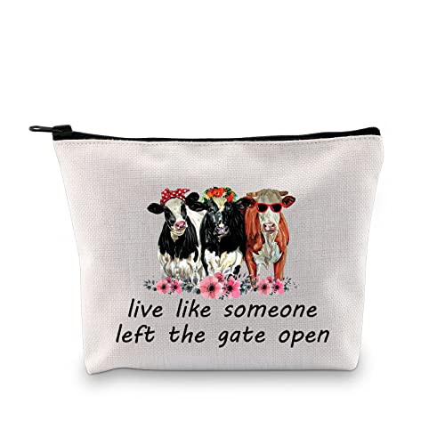 VAMSII Cow Makeup Bag Live Life Like Someone Left the Gate Open Cow  Cosmetic Bag Funny Cow Gifts for Cow Lover