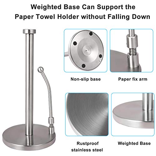 Paper Towel Holder Stand Countertop - Single-Handed Tear Paper Towel Dispenser Stainless Steel Organizer with Weighted Base Adjustable Spring Arm to Hold Paper Roll for Kitchen Bathroom