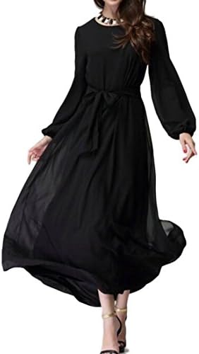 Fubotevic Women Chiffon Long Sleeve Muslim Kaftan Abayas Summer Maxi Dress Gown with Belt