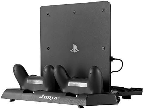Junya PS4 Pro Vertical Stand with Dual Cooling Fan, Dual Controller Charging Station and 3 Extra USB Port for Playstation 4 Game Console (black)