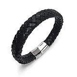 Wide Braided Black Leather Bracelet Mens Womens Stainless Steel Magnetic Clasp (7.5 - 9.5 Inch)