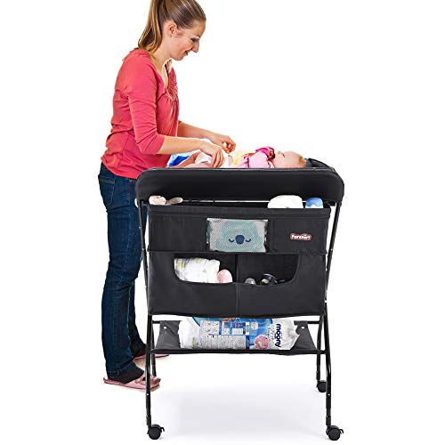 Baby Changing Table with Wheels, FORSTART Adjustable Height Folding Diaper Station Portable Mobile Nursery Organizer with Newborn Clothes & Storage Rack for Infant