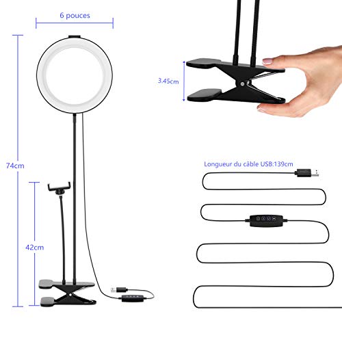 Selvim Lumière Anneau LED, 3 Mode d’Eclairage 10 Niveaux de Luminosité, Selfie Ring Light pour Téléphone Bras Flexible Rotation à 360° Anneau Lumineux pour Selfie, Maquillage, TIKTok, Youtube