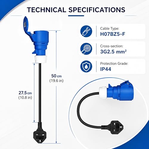 Powered EV 13A UK Plug to CEE Blue 32A 3-Pin Adapter Cable (50cm) - Heavy Duty EV Charger13A to 16A/32A Converter, IP44 Waterproof For EV Home Chargers, Caravan & Motorhomes, Camping & Industrial Use.