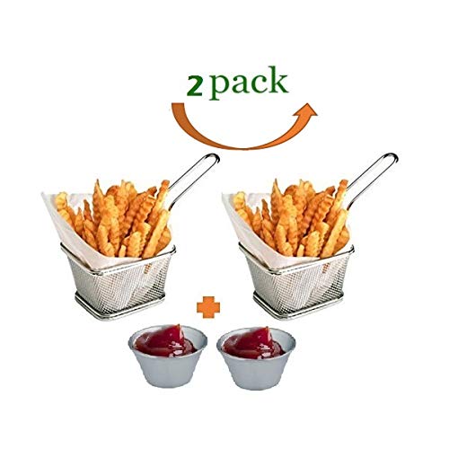 Mini Chips Fry Basket Stainless Steel Fryer Baskets Strainer French Fries Holder,Table Serving Food Presentation Tool With Bonus Sauce Cup (2)