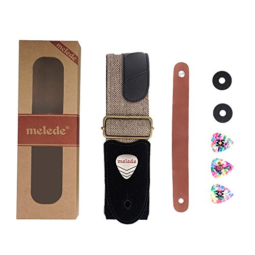 Vintage Tweed Guitar Strap Soft Cotton Genuine Leather Ends Strap with Pick Pocket, 3 Picks Included for Acoustic Guitar, Electric Guitar, Bass, Banjos (Grey/Black)