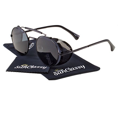 Metal Frame Side Shield Oval 52mm Hipster Round Sunglasses Vintage Retro Steampunk Gothic (Black, Black)