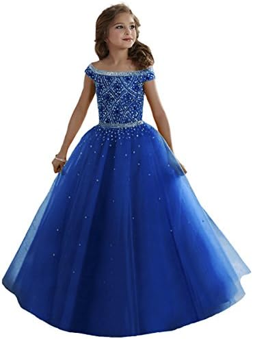 Zhiban Girls' Off Shoulder Evening Dresses Kids' Sequins Tulle Pageant Gowns