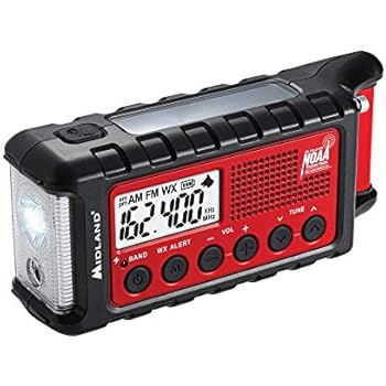 Midland - ER310, Emergency Crank Weather AM/FM Radio - Multiple Power Sources, SOS Emergency Flashlight, Ultrasonic Dog Whistle, NOAA Weather Scan + Alert (Red/Black)