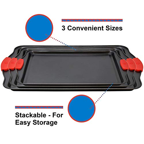 3 Piece Baking Sheets Nonstick Bakeware Set, Premium Cookie Sheet Pan Set with Silicone Grip Handles, Professional Steel Pan Baking Supplies Rectangle Cookie Pans in 3 Sizes by Perlli - Thumbnail 4