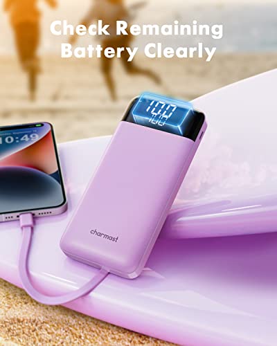 Portable Charger with Built in Cables, Portable Charger with Cords Wires Slim 10000mAh Travel Essentials Battery Pack 6 Outputs 3A High Speed Power Bank for iPhone Samsung Pixel LG Moto iPad (Purple)