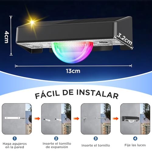 Quntis 4Pcs Luces Solares Exterior RGBCW 5m Alcance Efecto de Luz de Rayos | 16 horas Ultralarga Duración Lamparas Solares Jardín, 11 Modos IP44 Impermeable Luz Solar de Alta Calidad para Valla Porche