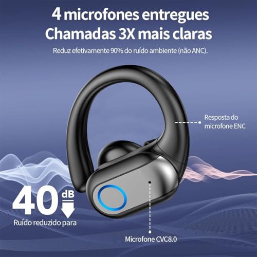 Fones de Ouvido Bluetooth Sem Fio, Esportivo c/ 80h de Reprodução com LED Display e com Gancho Anti Quedas, IPX7 à Prova d'Água, Graves Profundos, Compatível com iOS e Android - Esportes/Treino