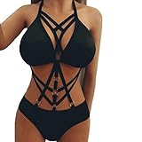 RYGHEWE Women's Bondage Lingerie Strappy Lace Teddy Halter One Piece Babydoll Mini Bodysuit