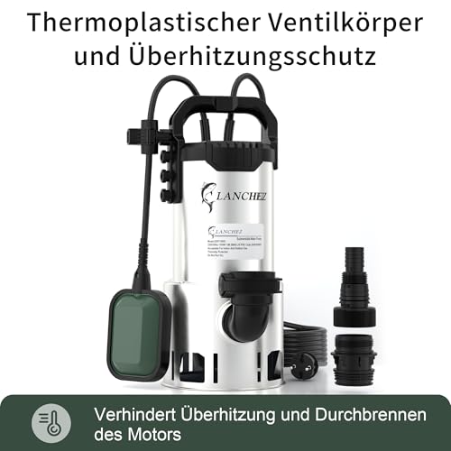 LANCHEZ Stainless Steel Submersible Dirty Water Pump 1100 W, 20,000 l/h, Discharge Head 11 m, Max Permeable Particle Size: 3.5 cm, Adjustable Float Switch, Thermal Protection, for Pool, Chuck, Garden