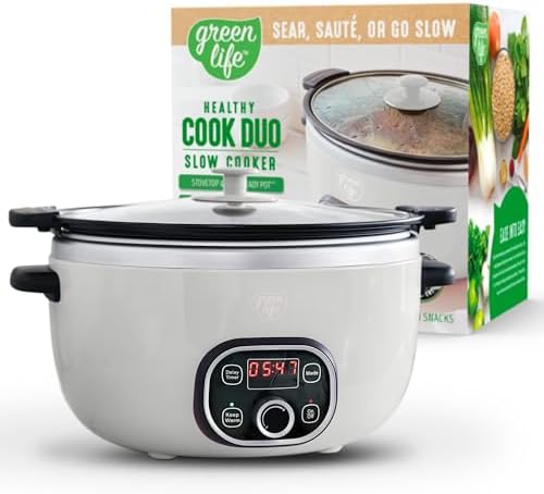 GreenLife 6QT Slow Cooker, Non-Toxic PFAS-Free Ceramic Nonstick Removable Interior Bowl, Programmable, Family Friendly, Keep Warm, Stovetop & Oven Safe, Dishwasher Safe Parts, Timer, Glass Lid, White