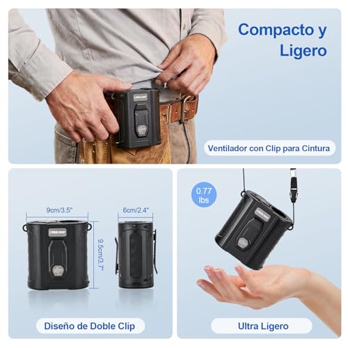 CAMULAND Ventilador de Cintura Recargable 16000mAh, 5 Velocidades con Clip para Cinturón, Linterna LED y Banco de Energía, Multifunción para Construcción, Camping, Jardinería y Exteriores, 9*6*9,5 cm | Clip Cinturón, Linterna LED, Banco de Energía 16000mAh, Portátil Obra, Camping, Jardín, Exterior, 9x6x9.5cm, Manos Libres