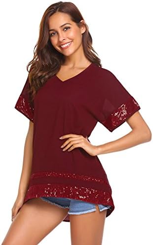 EASTHER Women Summer V Neck Chiffon Sequins Tunic High Low Hem Short Sleeve Blouse Shirt Tops