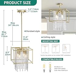 YITAHOME Gold Crystal Square Chandeliers, Modern