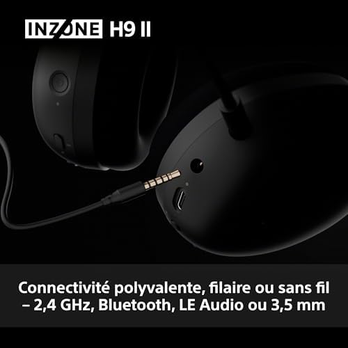 INZONE H9 II - Casque Gaming PC sans Fil à réduction de Bruit Sony, léger, Micro cardioïde IA détachable, 2,4 GHz et Bluetooth, Housse Souple, pour PC, PS5, Switch et Mobile, Noir