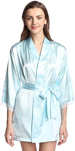 Aegean Apparel Women's Short Kimono Solid Satin Robe M Cool Blue