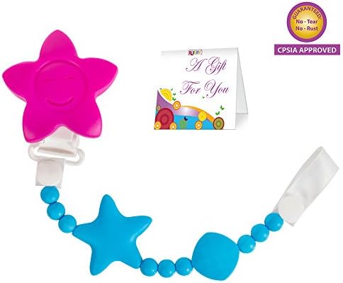 Pacifier Clip Teether Toy - Baby Girl or Boy Star Beaded Silicone Teething Toy and Pacifier Clip - Pink Star And Blue Beads - Greeting Card Included for Baby Gifts