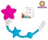 Pacifier Clip Teether Toy - Baby Girl or Boy Star Beaded Silicone Teething Toy and Pacifier Clip - Pink Star And Blue Beads - Greeting Card Included for Baby Gifts