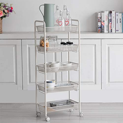 Iris'Home Easy Assemble 5-Tier Bathroom Shelf Cart, Large Rolling Cart, Office File Cart, Kitchen Storage Cart on Wheels, Utility cart, Storage Rack, Mesh Designing -White