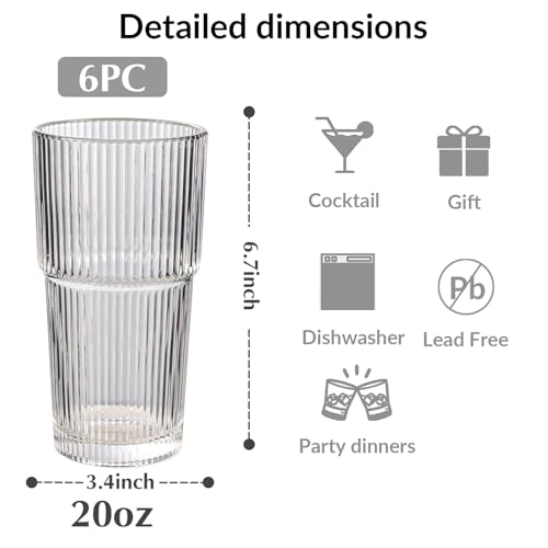 WeirdUncle Vintage Ribbed Glasses, Set of 6, 20oz Tumblers, Large Capacity, Origami Design, Fluted for Water, Iced Coffee, Beer, Tea, Latte