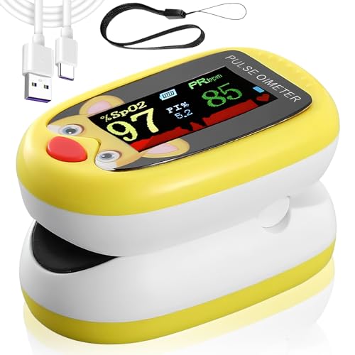 Oximetro pediatrico, oximetro digital recargable, puede monitorear la saturación de oxígeno en sangre, frecuencia del pulso y PI al mismo tiempo, adecuado para pruebas y monitoreo diarios (Amarillo)