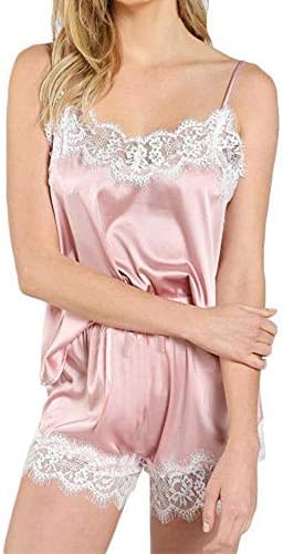 Woaills Women Sleepwear Sleeveless Strap Nightwear Lace Trim Satin Cami Top Pajama Sets