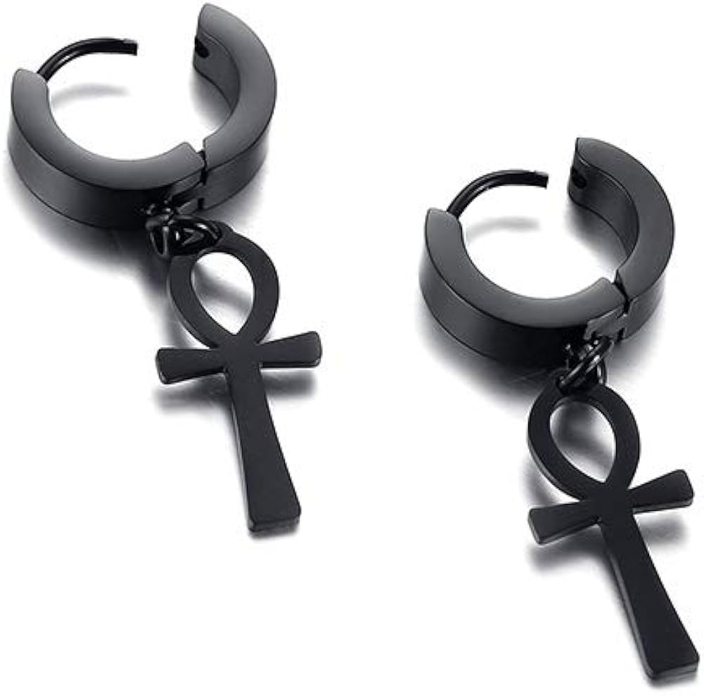 VNOX Stainless Steel Egyptian Key of Life Ankh Cross Dangles Non-Piercing Clip on Drops Hoops Earrings for Men Women - Image 5