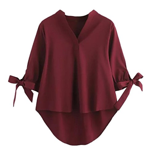 Women's V Neck Three Quarter Sleeve Bandage T Shirt Blouse Top (US4/S, Wine Red)
