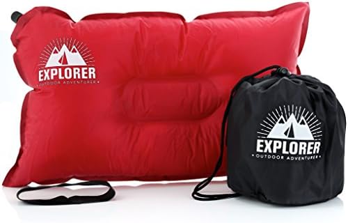 Outdoor Adventurer Camping Pillow/Travel Inflatable Pillow, Self Inflating, Compressible- Best for Indoor/Outdoor Camping, Car Rides, Airplane - Incl. Carry Bag (Red)