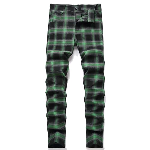 Keevoom Men's Green Plaid Chinos