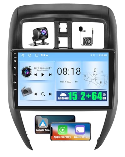 Radio de coche Android 15 para Nissan Versa Sedán 2015-2019 con 2+64GB, CarPlay inalámbrico y Android Auto, pantalla táctil de 10.1 pulgadas para radio Versa con WiFi, GPS, Bluetooth, EQ, 26UI, cámara