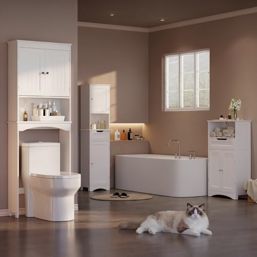 Gizoon Over the Toilet Storage Cabinet with Adjustable Shelf and Double Doors, Bathroom Space Saver Organizer Above Toilet with Open Shelf, Taller Wooden Free Standing Toilet Rack -White