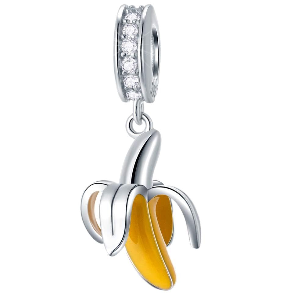 Fruit Banana Dangle Charm, 925 Sterling Silver Yellow Enamel Fit Pandora Women Bracelet, Europe Snake Beads Charms for Bracelets Necklaces Wedding/Valentine's Day