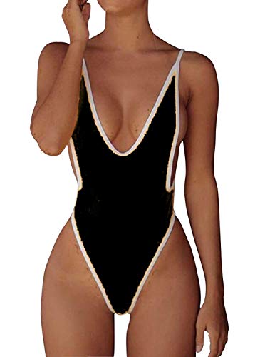 JBENG Women Monokini Retro Thong One Piece Swimsuit Deep V High Cut Sexy Cheeky Swimwear Semi Thong Bikini S Black