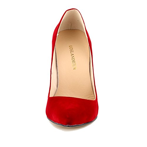 Loslandifen Womens Closed Toe High Heels Pointed Slender Stiletto Pumps(302-1VE42,Red)