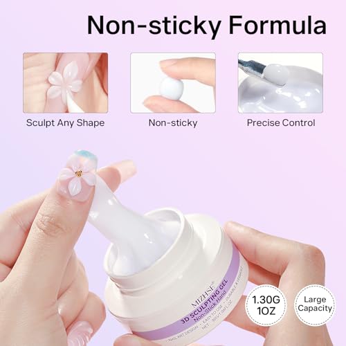 MIZHSE 30G White 3D Sculpture Nail Gel, 3D Gel Nail Art for Modeling, Nail Sculpture Glue Non Stick Hand, Rhinestone Glue for Nail Art with Silicone Brush, DIY Manicure Tool
