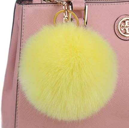 Minigianni 4 Inches Yellow Big Fluffy Faux Rabbit Fur Ball Key Ring Chain Keychain for Handbag Wallet Purse Car Key(Yellow)
