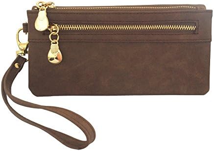 Women’s Wristlet Wallet FanCarry PU Leather Clutch Purse Card Organizer w/ Front Zipper Pockets (Coffee)