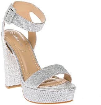 CALICO KIKI Women's Shoes Buckle Ankle Strap Open Toe Chunky High Heel Platform Dress Sandals (8 US, Silver Glitter)