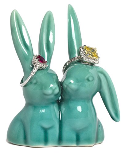 Beth Marie Luxury Boutique Bunny Rabbit Ring Holder, Beautiful Teal Ceramic Engagement & Wedding Ring Holder