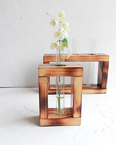 Test Tube Flower Bud Vase Set of 2 by WoodenStuff Decorative Rustic Wood Stand into a Solid Base Sconce Perfect for Centerpieces and Displays Flowers Plants Glass Holder Window Decor