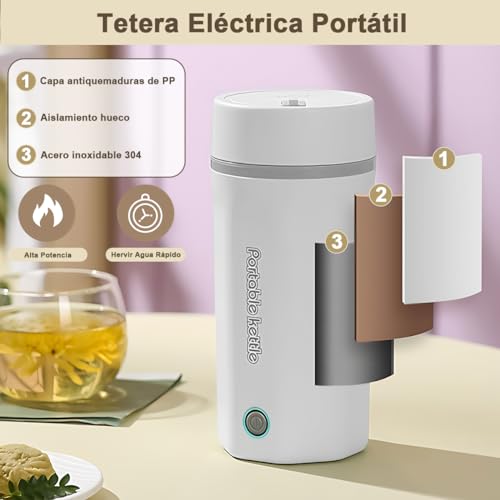Hervidor Eléctrico de Viaje Portátil 500ML, Tetera Eléctrica de Viaje Caldera de Agua Caliente Personal Mini Taza, Hervidor de Agua Rápido Acero Inoxidable Apagado Automático para Hacer Té Café 110V